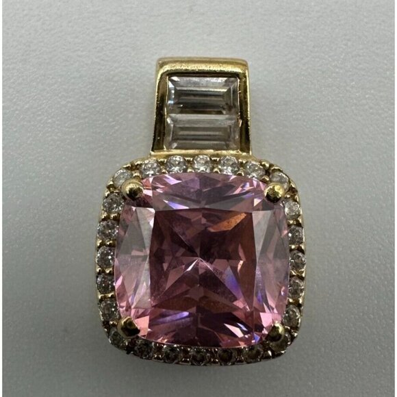 Pink Stone Necklace Pendant Gold Over Sterling Silver CZ Square Halo Setting - Picture 2 of 11